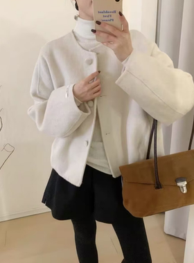 2.28~26117春装新圆领双面羊绒100澳洲超细羊毛大衣宽松短外套女