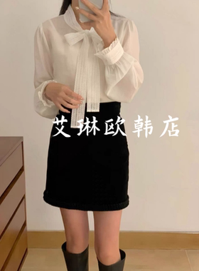 onetwo15300早春新款韩系甜美气质镂空系带长袖显瘦衬衫上衣女