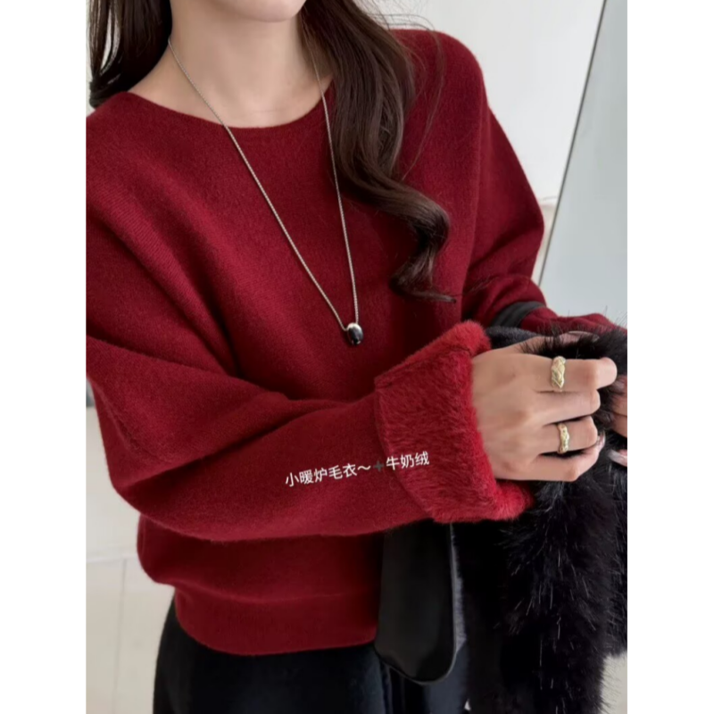 福利0990冬款韩版后系蝴蝶结羊毛兔毛加绒保暖针织衫毛衣女