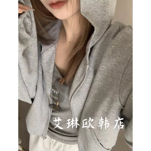 2.28~卡蔓OQQO MM536春装新款韩系重工烫钻连帽拉链卫衣外套女