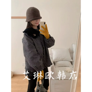 土布鱼7501冬款 韩系复古针织娃娃领花边90鸭绒羊毛呢羽绒服外套女