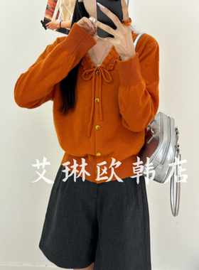 福利78150欧货秋款木耳边V领系带100绵羊毛针织开衫毛衣女