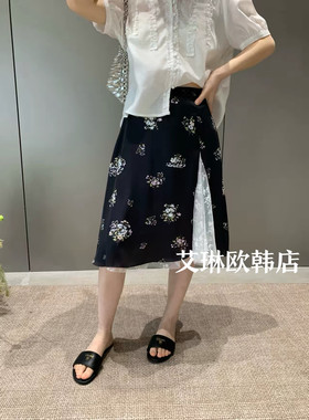 秒杀不退卡蔓诗韩标MM567夏季款碎花蕾丝半身裙女中长款A字开衩裙