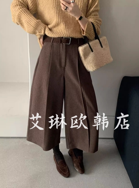 福利卡蔓OQQO MM267秋韩系配腰带高腰阔腿裤八分羊毛休闲裤女