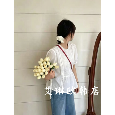 msyy1046夏刺绣圆领蕾丝短袖衬衫