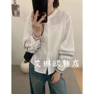 衬衫 3.4 欧货设计感立领单排扣刺绣休闲百搭长袖 新款 女 1093春装