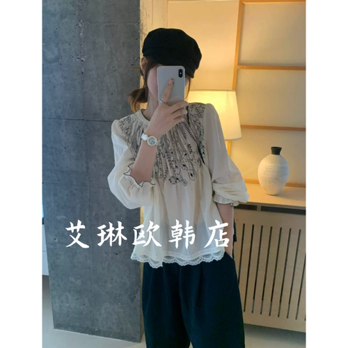 米鹿8618秋款蕾丝压褶衬衫女上衣