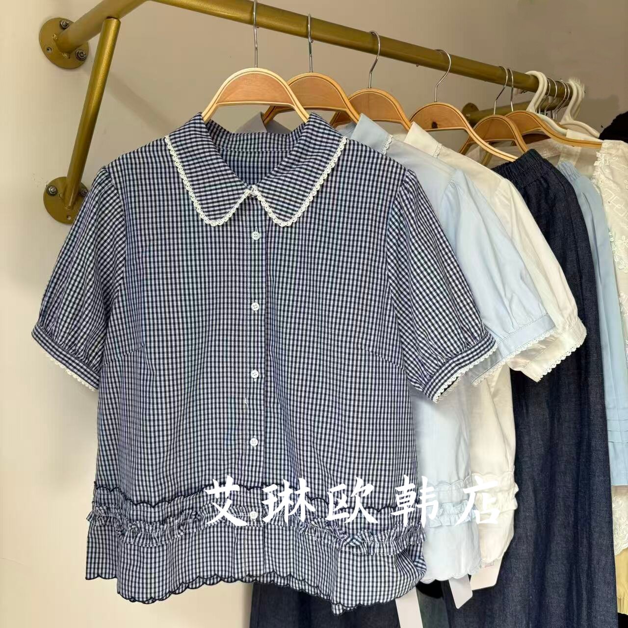 4.2~one66016夏装新款韩系甜美翻领木耳边格子短袖衬衫女