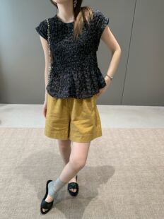 特价不退卡蔓QZX10922-1夏款设计感真丝加棉褶皱遮肚子短袖衬衣