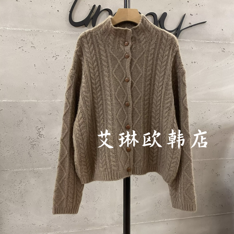 禁止机洗~060冬装新款欧货立领麻花单排扣绵羊毛针织开衫毛衣女