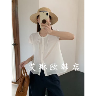 襯衫 福利不退土布魚(yú)6801夏裝 新款 韓系休閑蕾絲花邊圓領(lǐng)百搭短袖 女