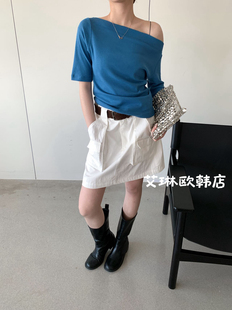 卡蔓OQQOmm621夏装新款法式简约百搭一字肩女短袖上衣T恤收腰显瘦
