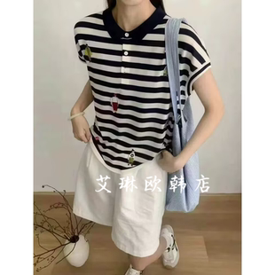 女 欧货福利 7928夏季 趣味刺绣条纹短袖 天丝桑蚕丝针织休闲POLO衫
