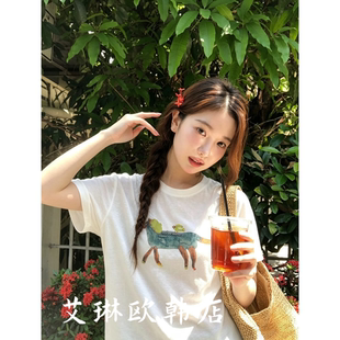 4.16~2608夏款欧货圆领休闲百搭钉珠小马印花桑蚕丝亚麻短袖T恤