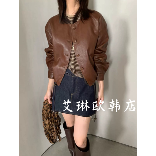 32161圆领下摆抽绳皮衣外套女