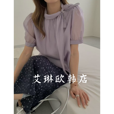 7805韩系蝴蝶结系带泡泡袖衬衫
