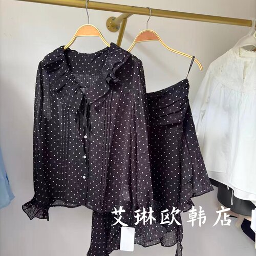 20242波点衬衫不规则半裙套装