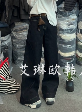 11.11~花7188冬装新款欧货配腰带高腰显瘦百搭加绒直筒阔腿牛仔裤