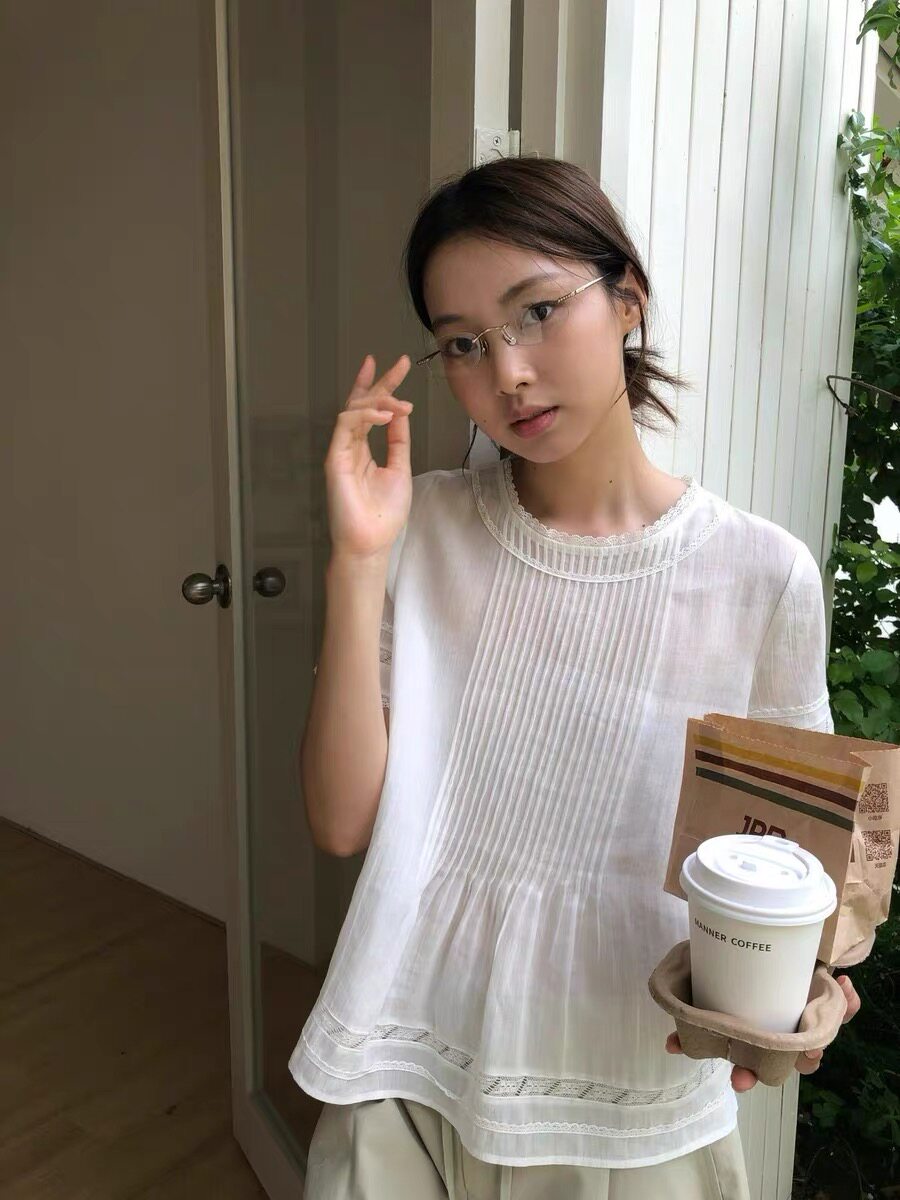 miluroom米鹿ouur26047西装韩系精致蕾丝花边领短袖衬衫