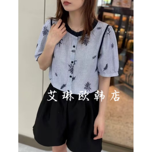 条纹衬衫 7.21福利 欧货木耳边圆领花朵刺绣短袖 新款 女 1608夏季