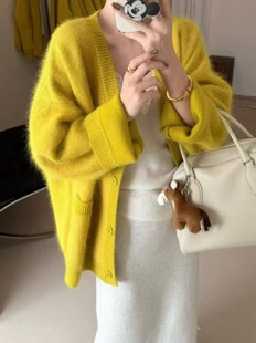 福利8737高配按扣鹤绒韩系V领宽松针织中长款开衫女