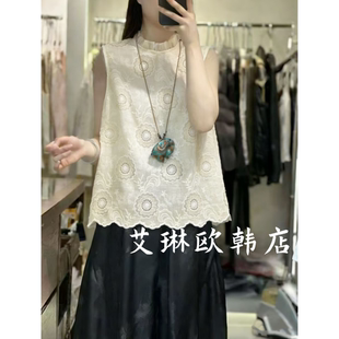 马甲衬衫 木耳边立领圈圈蕾丝钩花天丝无袖 女 8871欧货夏款 3.24