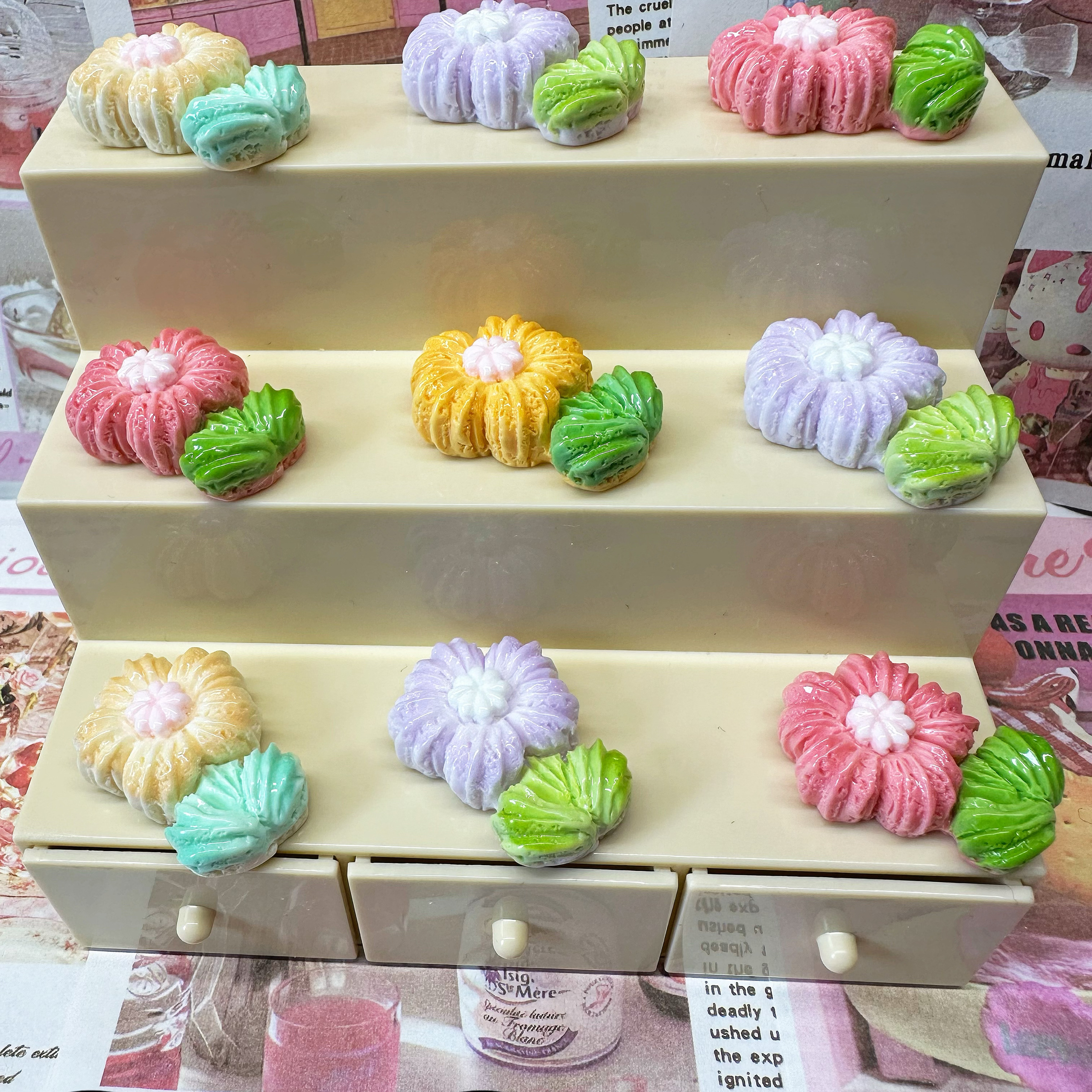 DIY高定仿真立体奶油花朵曲奇食玩挂件摆件娃屋拍摄道具车饰冰贴