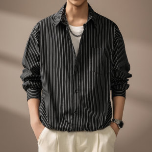 宽松春秋条纹长袖 男士 高端老钱风含内搭T恤衬衫 衬衣男 假两件