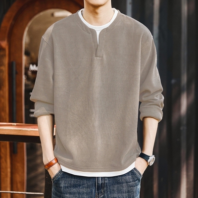 格蓝鹿复古重磅假两件长袖T恤男秋季加绒宽松双层V领休闲上衣男装