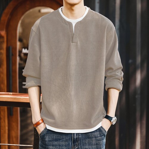 格蓝鹿复古重磅假两件长袖T恤男春秋新款宽松双层V领休闲上衣男装