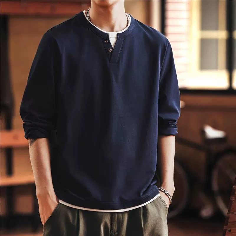格蓝鹿美式复古假两件亨利衫长袖T恤男2026春秋新款V领休闲打底衫