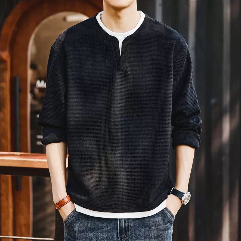 格蓝鹿美式重磅肌理华夫格假两件V领男士T恤秋季加绒宽松硬汉上衣