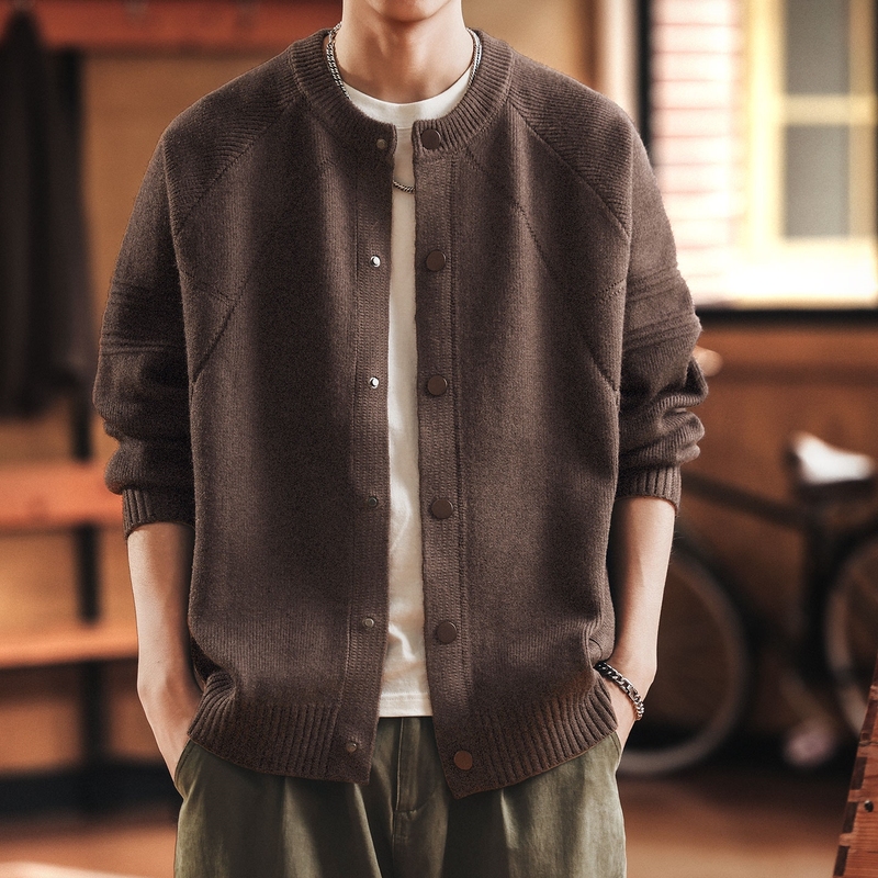 格蓝鹿高端新中式48支纤绒纱开衫毛衣男2025秋冬款宽松针织衫外套