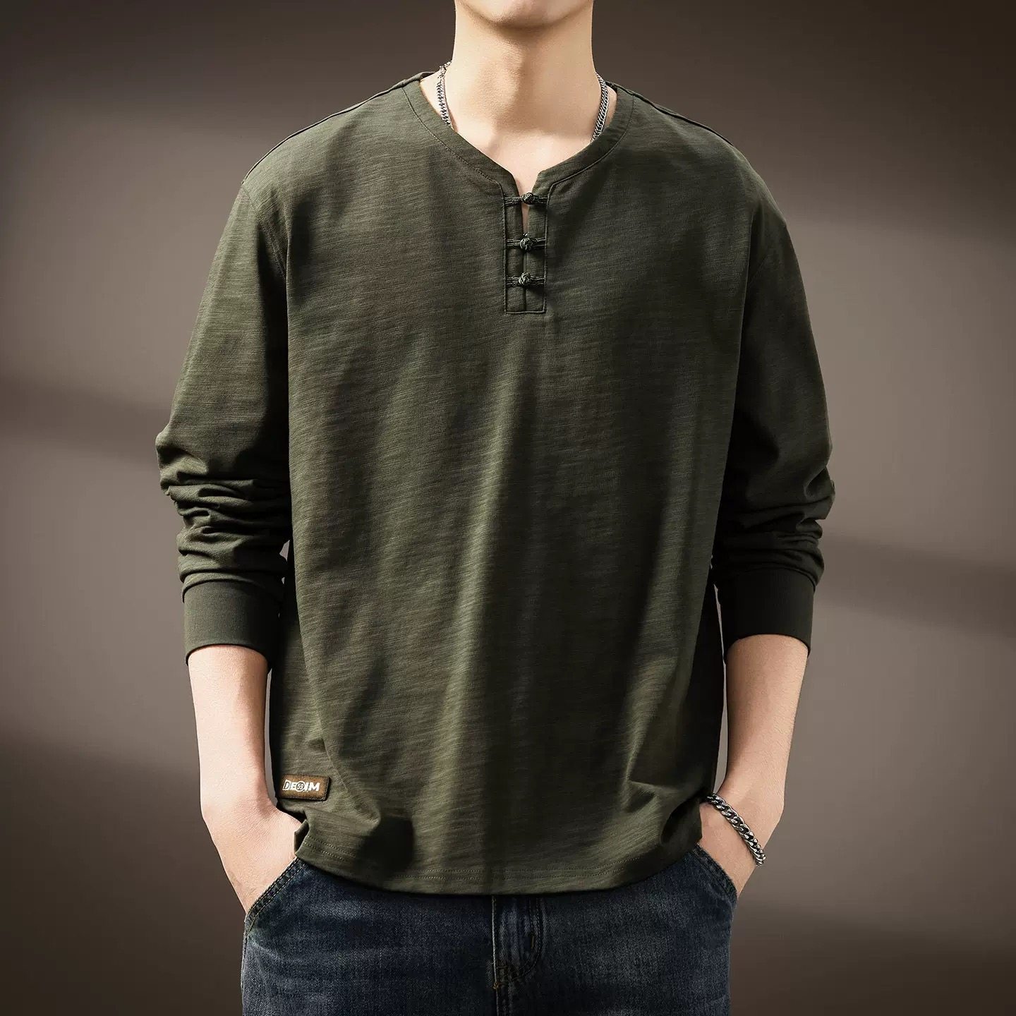 高端新中式亨利领长袖T恤男士秋季新款潮牌复古竹节棉宽松打底衫,男装,T恤,淘宝优惠券,粉丝福利购,淘宝优惠卷