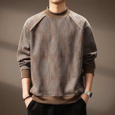 高端潮牌半高领拼接重磅卫衣男士秋季新款日系纹理印花宽松上衣男