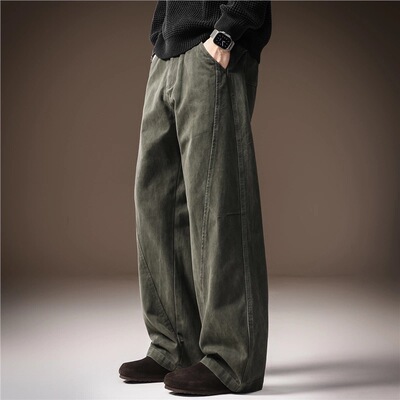 高端美式高街潮牌纯棉直筒休闲裤男秋冬新款宽松弯刀阔腿老爹长裤