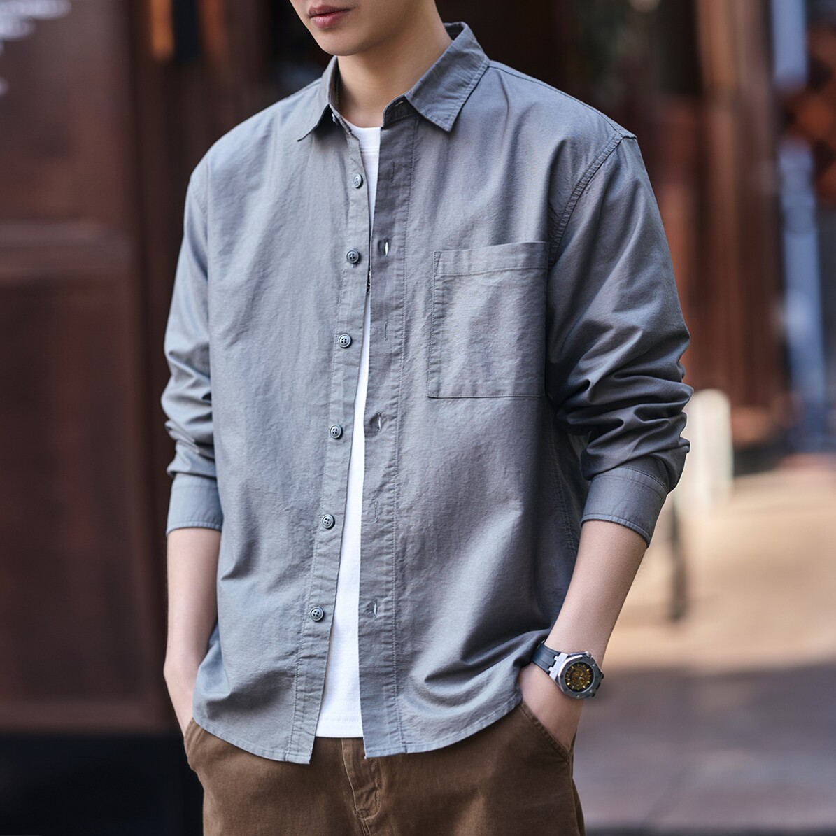 格蓝鹿美式复古工装长袖衬衫男2026春秋潮牌宽松纯色痞帅衬衣外套