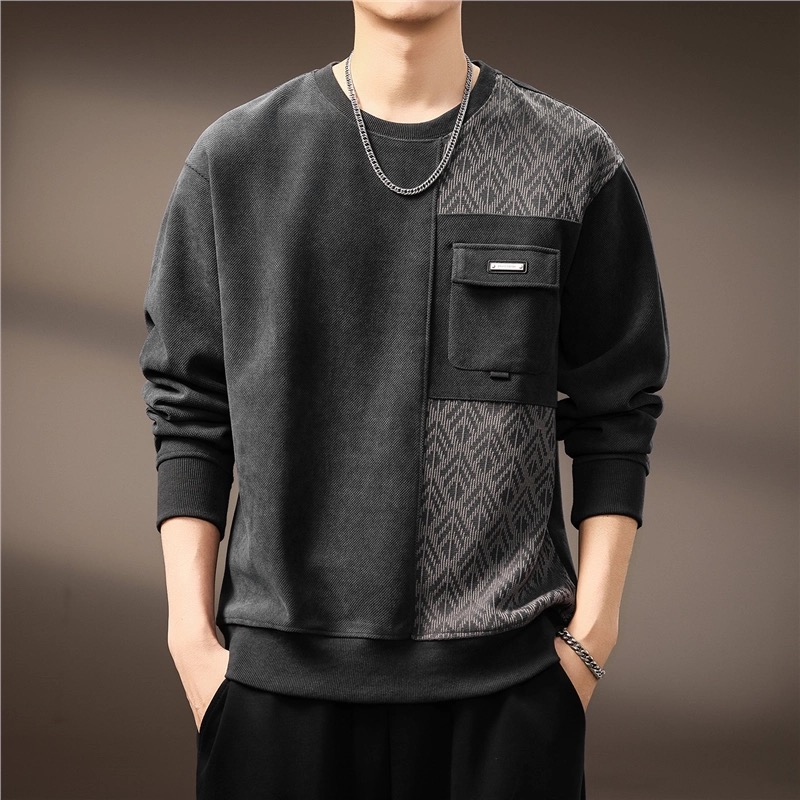 高端美式复古磨提花毛拼接卫衣男士2025秋季新款重磅潮牌圆领上衣