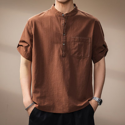 高端新中式立领短袖衬衫男纯棉2026夏季新款明线设计感宽松五分袖