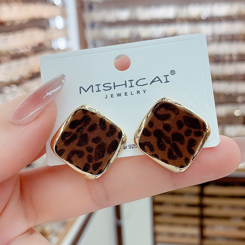 豹纹方形几何耳钉女韩版气质百搭
