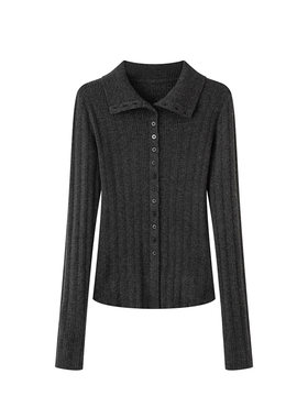 MM麦麦2025秋冬新款灰色绵羊毛高领针织开衫毛衣女上衣5GA134071