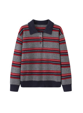 MM麦麦2025秋冬新款Polo领灰色条纹绵羊毛针织衫女上衣4GA233801