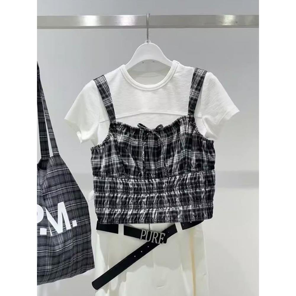 商场同款唐宋诗凡黎花2025夏新款复古格子背心吊带上衣女5121821