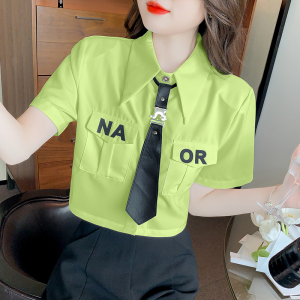 RM10957#字母口袋+领带短袖衬衣女甜美女装修身设计感衬衣