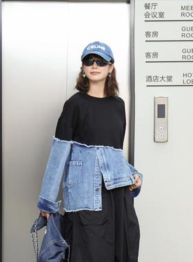 240920欧货潮牌卫衣2024秋新款拼接牛仔不规则个性时髦假两件上衣