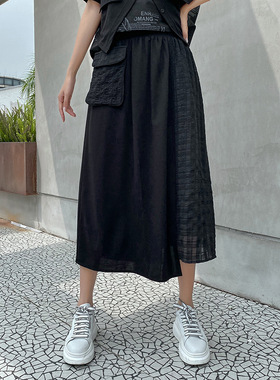 220475欧洲站新款半身裙暗黑弹力松紧腰拼接格子不规则口袋A字裙