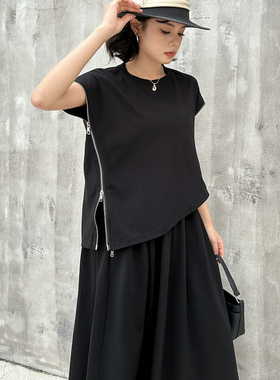 250412夏季暗黑风时尚套装裙不规则拉链显瘦百搭上衣半身裙两件套