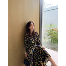 蓝黄色小碎花连衣裙小清新中长款 收腰圆领长袖 sundaymerry 19秋