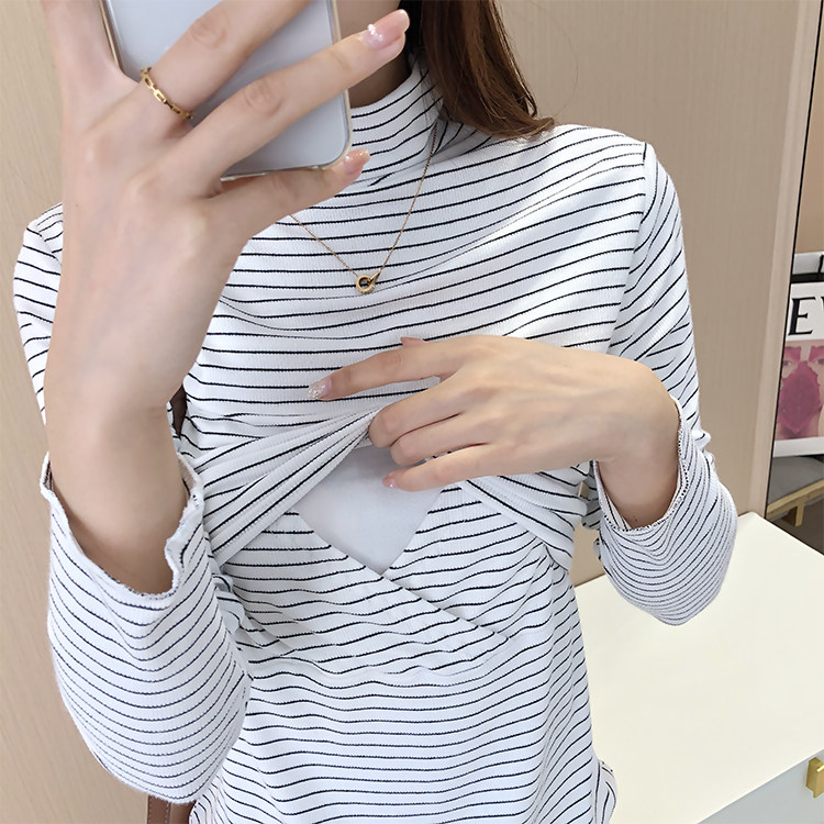 产后长袖哺乳衣服新款纯棉打底衫女产后孕妇外穿喂奶衣哺乳T恤潮