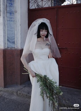 简约个性波点新娘领证头纱婚纱礼服配饰中长款蓬蓬拍照写真头纱